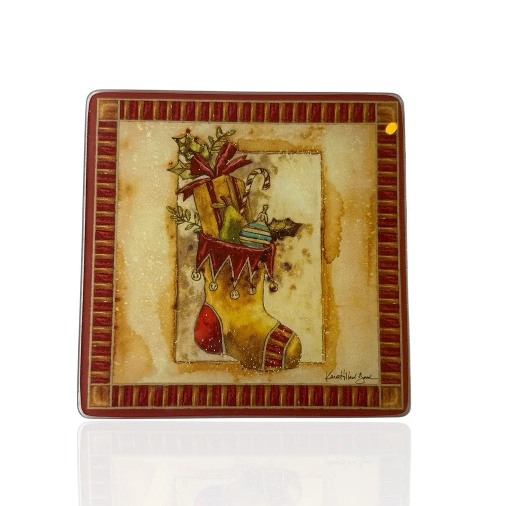 Vintage Glass Cutting Board Rustic Christmas Stocking Karen Hilliard Good 5 3/4